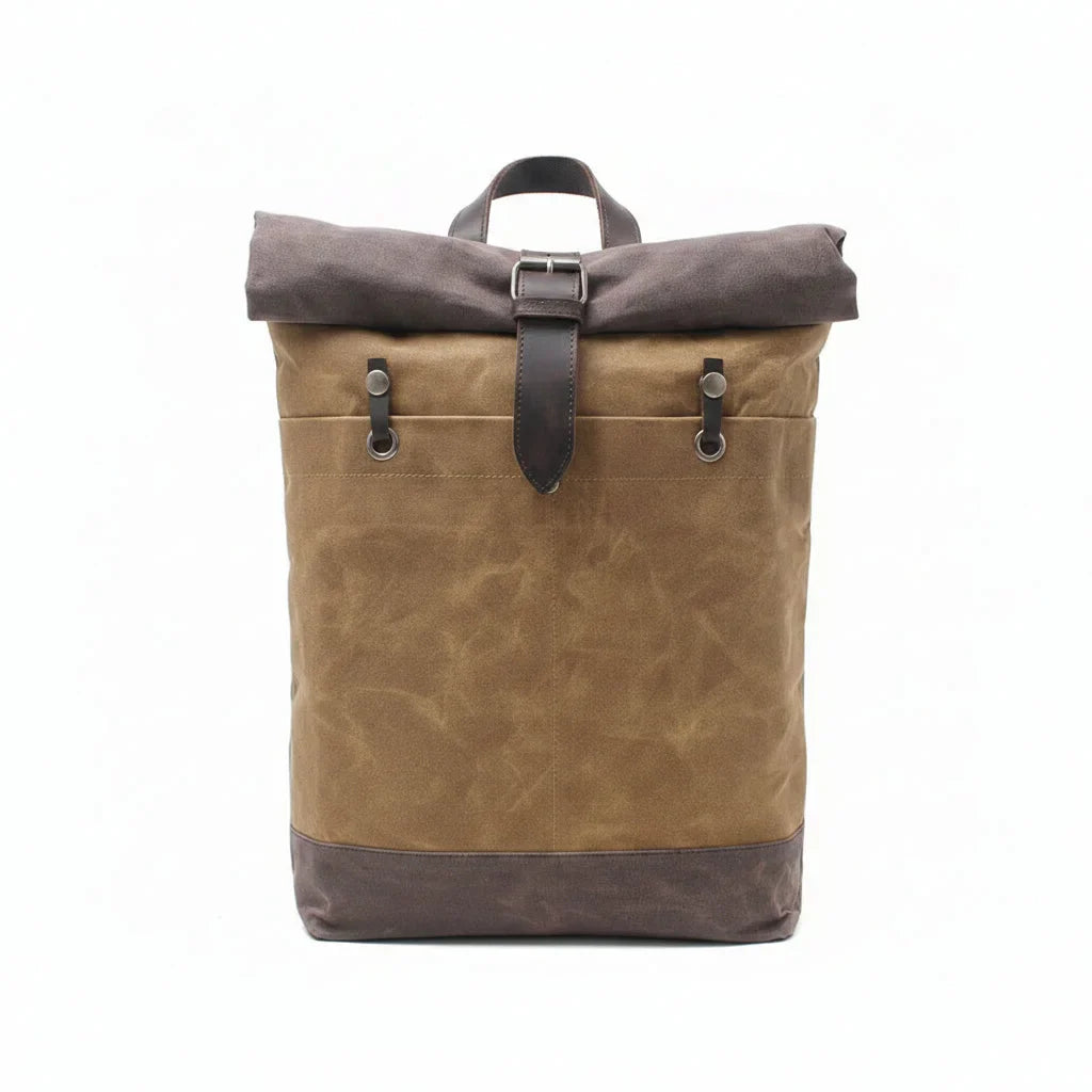 Men’s Waxed Canvas Backpack - Water-Resistant Rolltop Rucksack - Brown