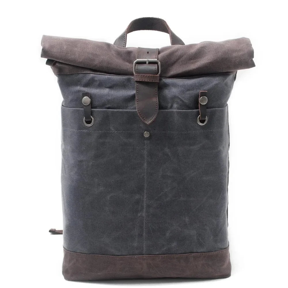 Men’s Waxed Canvas Backpack - Water-Resistant Rolltop Rucksack - Gray