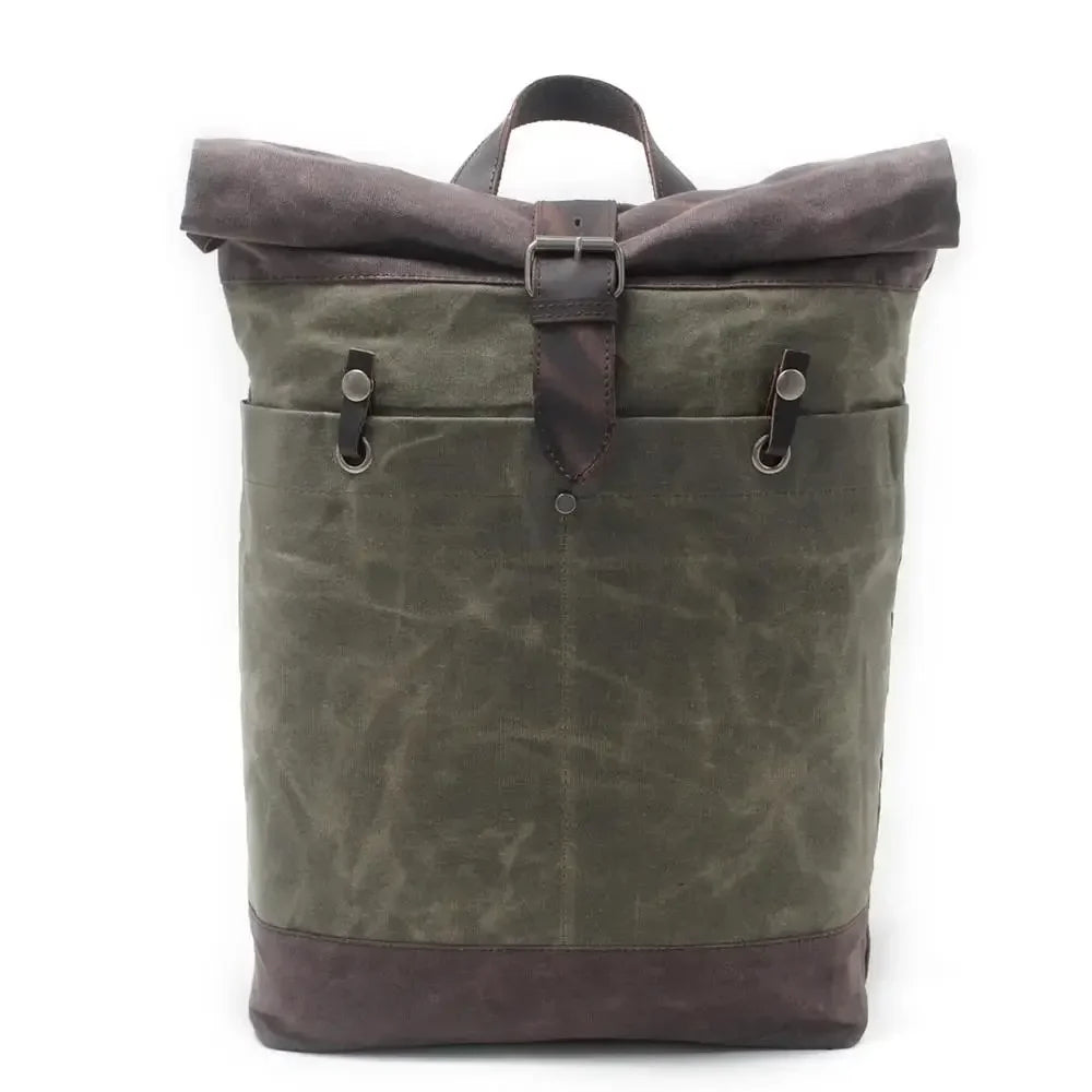 Men’s Waxed Canvas Backpack - Water-Resistant Rolltop Rucksack - Olive