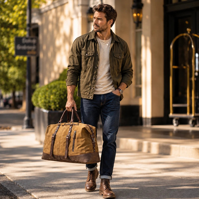 Men’s Waxed Canvas Duffle Bag – Vintage Leather Trim Weekender