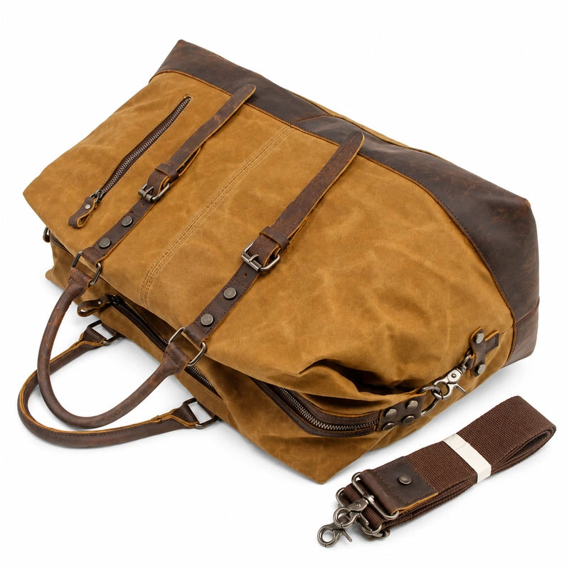 Men’s Waxed Canvas Duffle Bag – Vintage Leather Trim Weekender