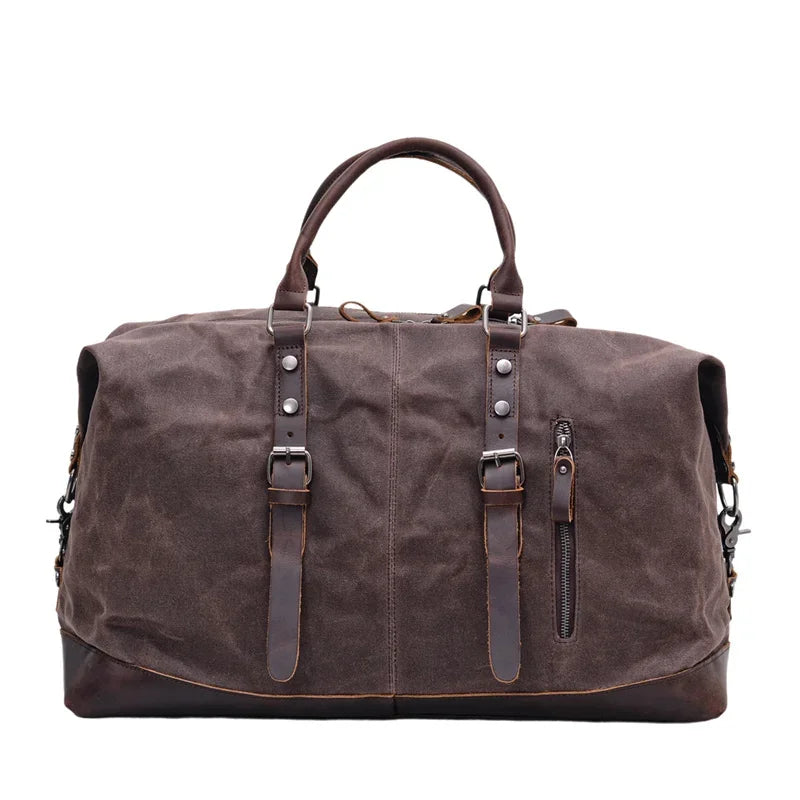 Men’s Waxed Canvas Duffle Bag – Vintage Leather Trim Weekender - Brown
