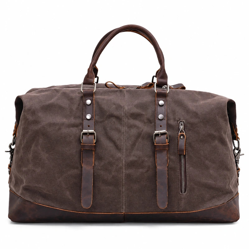 Men’s Waxed Canvas Duffle Bag – Vintage Leather Trim Weekender - Brown