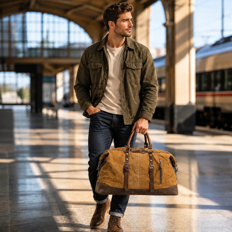 Men’s Waxed Canvas Duffle Bag – Vintage Leather Trim Weekender