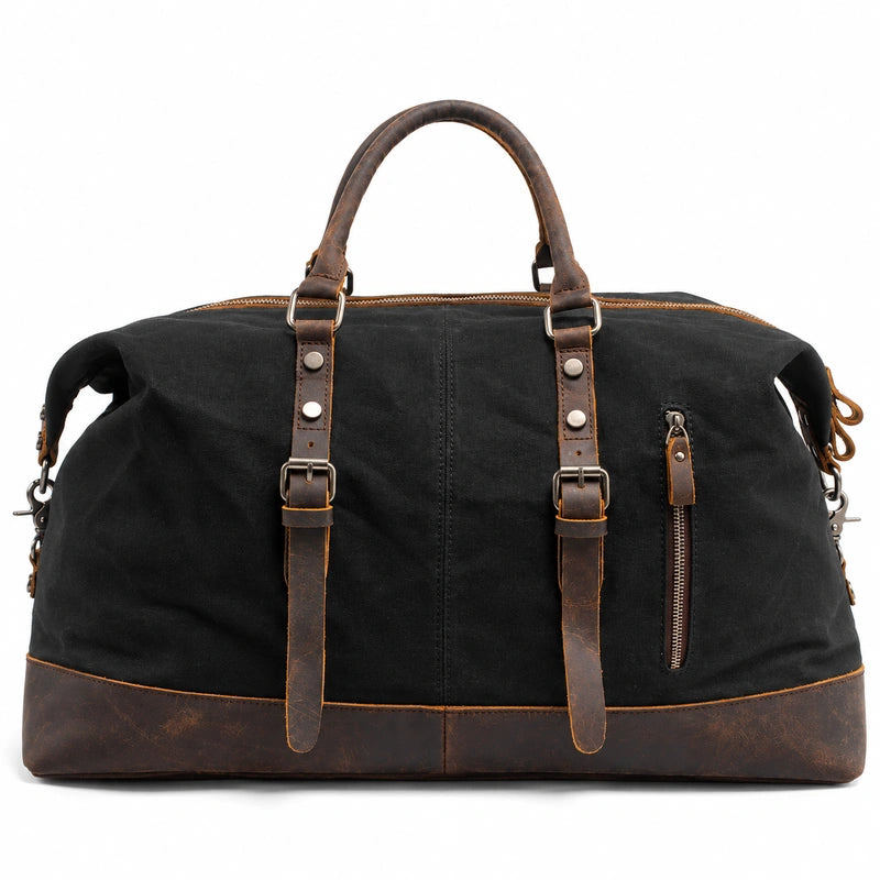 Men’s Waxed Canvas Duffle Bag – Vintage Leather Trim Weekender - Black