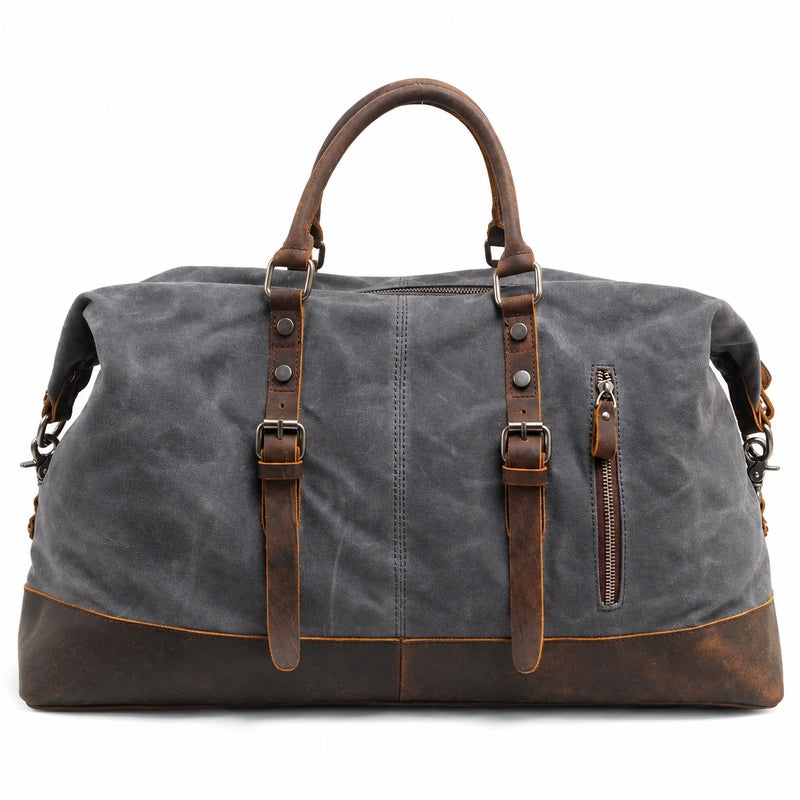 Men’s Waxed Canvas Duffle Bag – Vintage Leather Trim Weekender - Gray