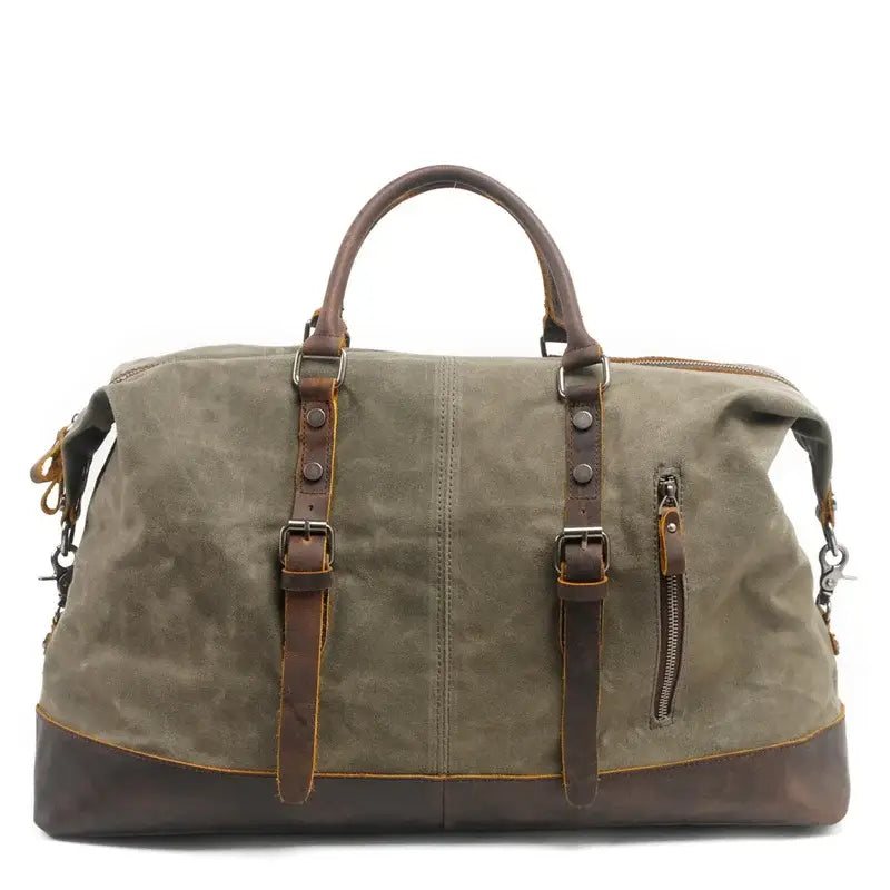 Men’s Waxed Canvas Duffle Bag – Vintage Leather Trim Weekender - Green