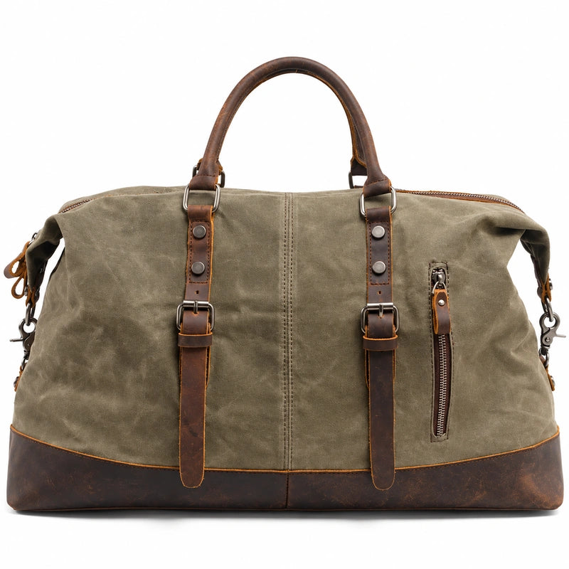 Men’s Waxed Canvas Duffle Bag – Vintage Leather Trim Weekender - Green