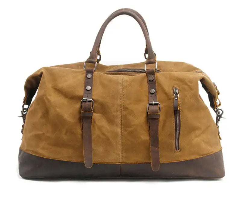 Men’s Waxed Canvas Duffle Bag – Vintage Leather Trim Weekender - Tan