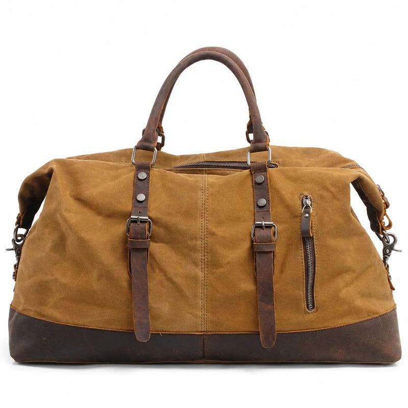 Men’s Waxed Canvas Duffle Bag – Vintage Leather Trim Weekender - Light brown