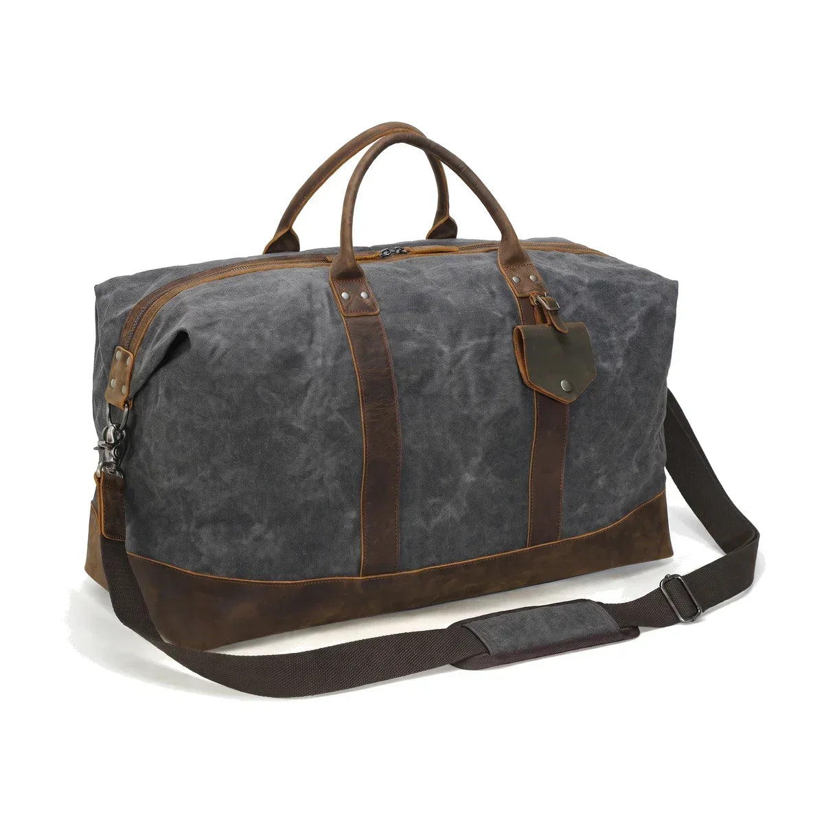 Men’s Waxed Canvas Duffle Bag with Leather Base for Weekend Travel - Gray