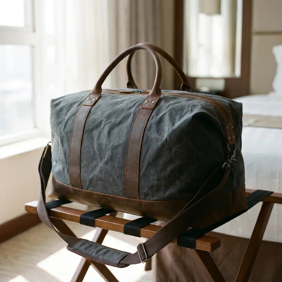 Men’s Waxed Canvas Duffle Bag with Leather Base for Weekend Travel