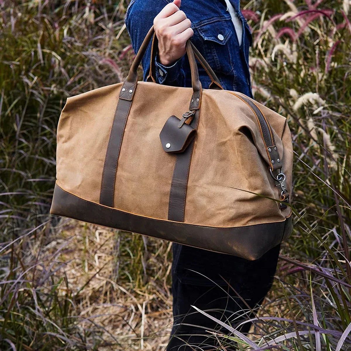 Men’s Waxed Canvas Duffle Bag with Leather Base for Weekend Travel