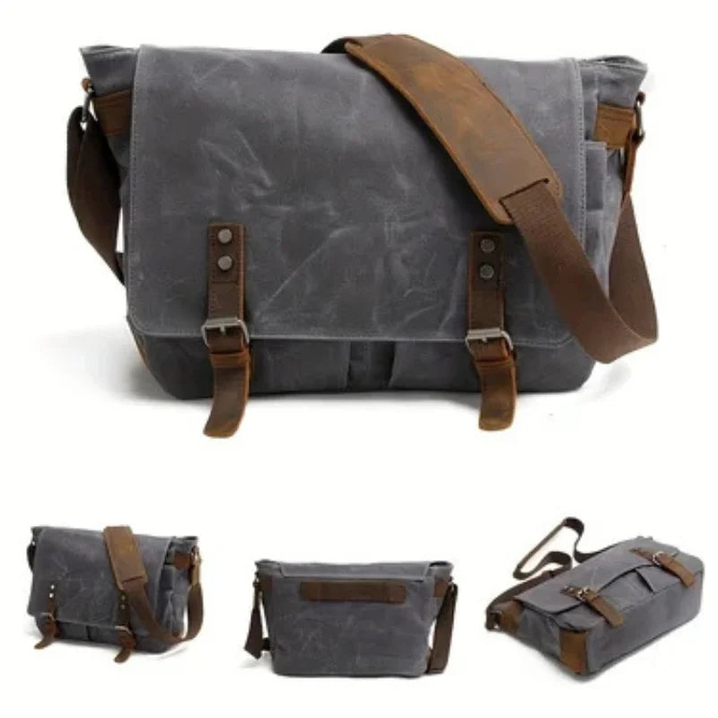 Men’s Waxed Canvas Messenger Bag - Leather Trim Buckle Flap Bag