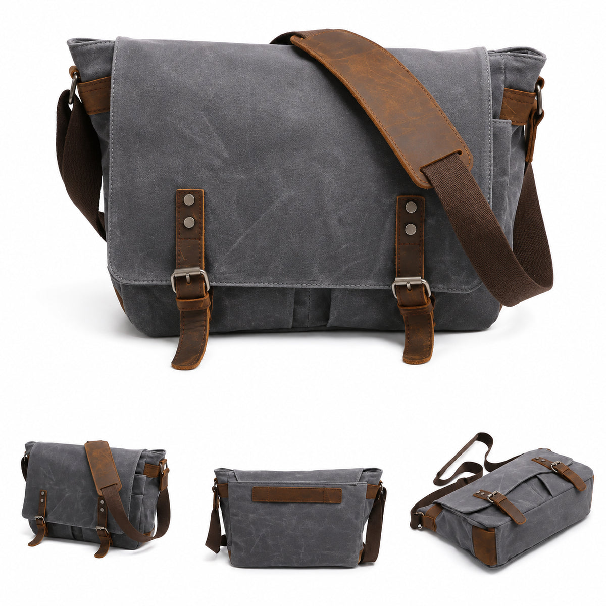 Men’s Waxed Canvas Messenger Bag - Leather Trim Buckle Flap Bag