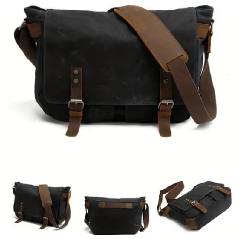 Men’s Waxed Canvas Messenger Bag - Leather Trim Buckle Flap Bag