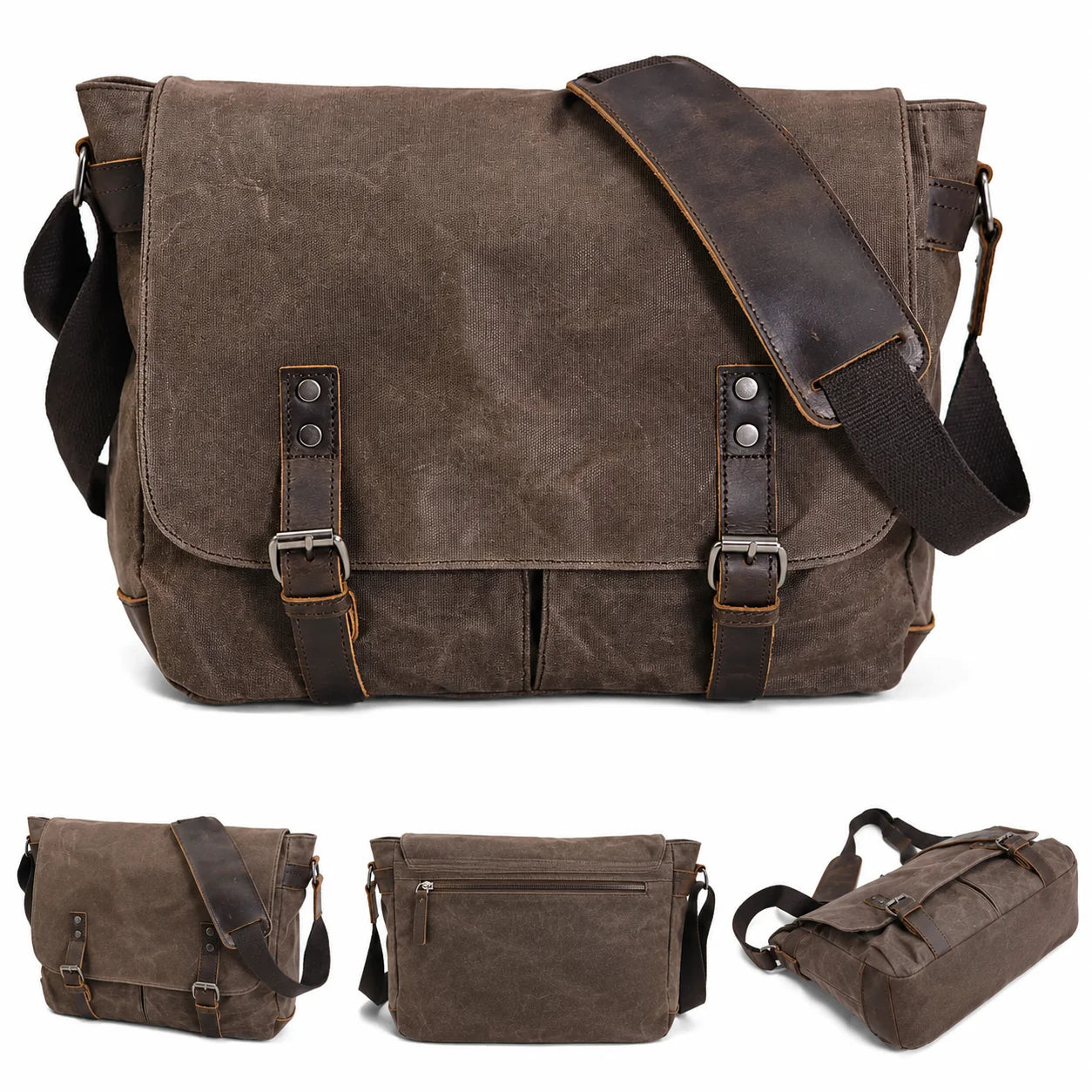 Men’s Waxed Canvas Messenger Bag - Leather Trim Buckle Flap Bag
