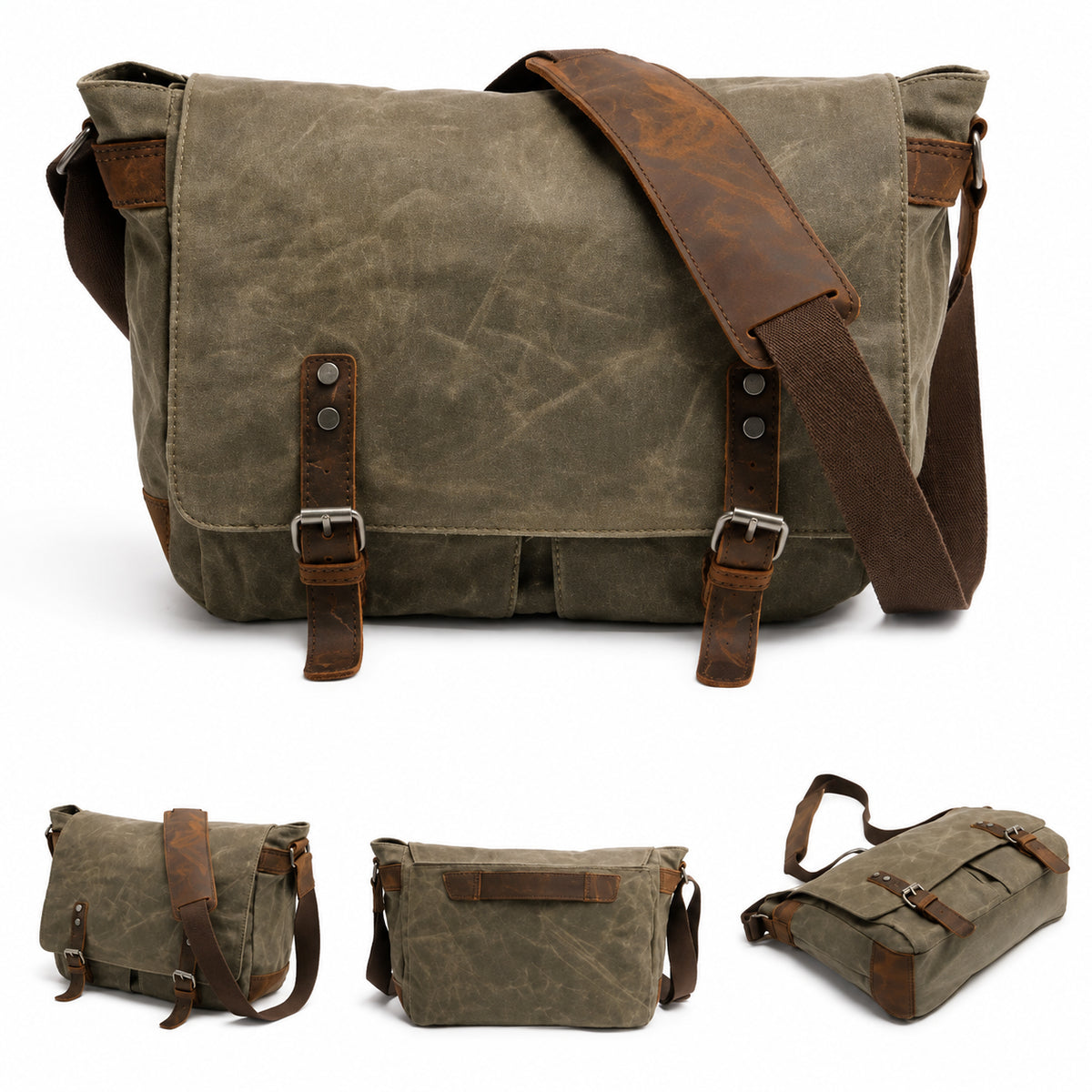 Men’s Waxed Canvas Messenger Bag - Leather Trim Buckle Flap Bag