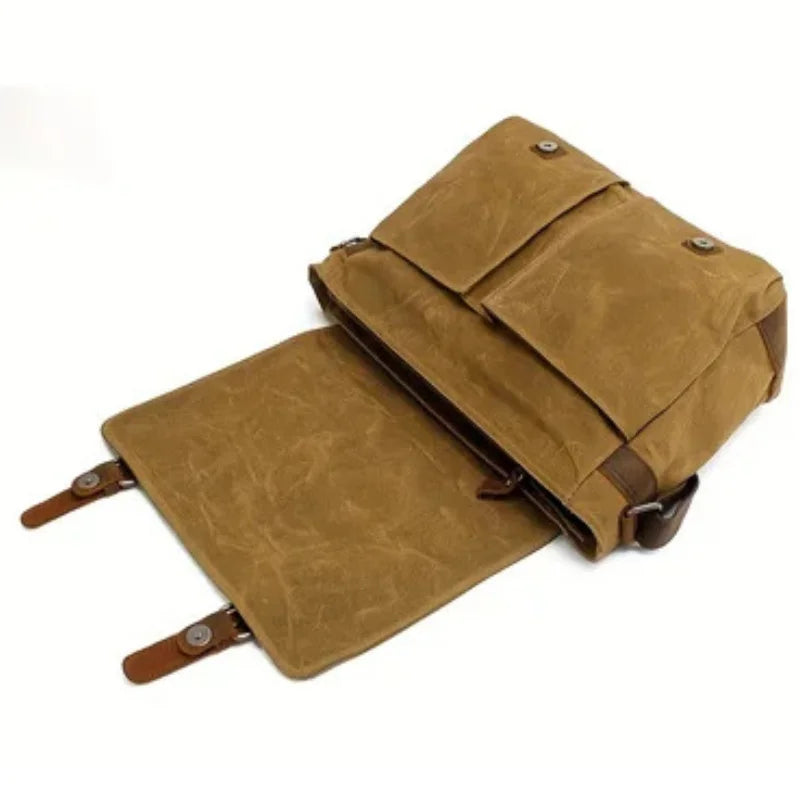 Men’s Waxed Canvas Messenger Bag - Leather Trim Buckle Flap Bag