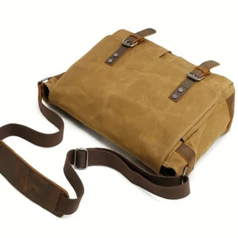 Men’s Waxed Canvas Messenger Bag - Leather Trim Buckle Flap Bag