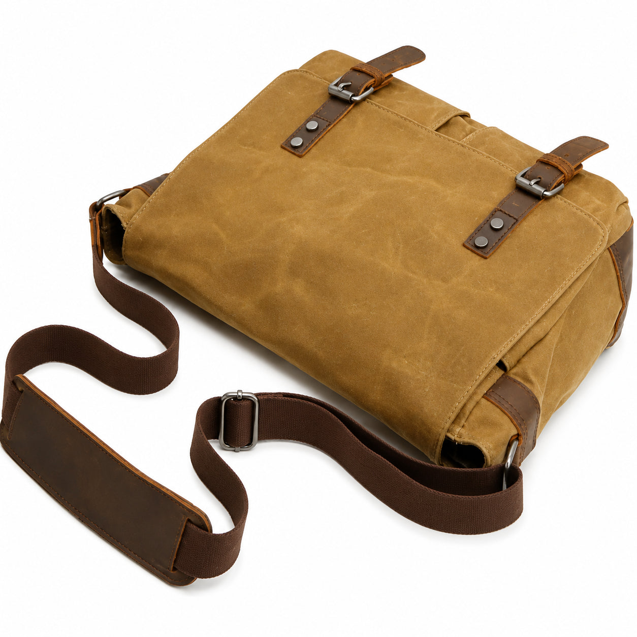 Men’s Waxed Canvas Messenger Bag - Leather Trim Buckle Flap Bag