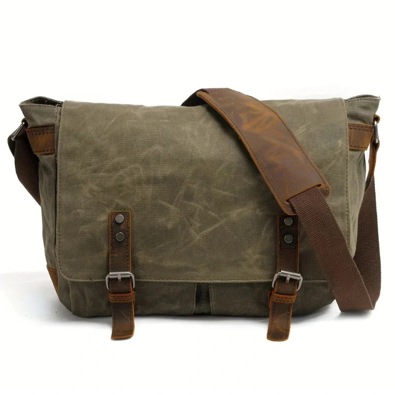 Men’s Waxed Canvas Messenger Bag - Leather Trim Buckle Flap Bag - Olive