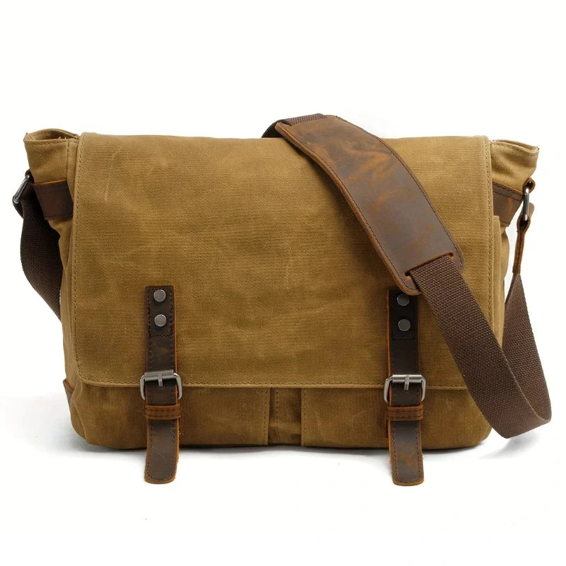 Men’s Waxed Canvas Messenger Bag - Leather Trim Buckle Flap Bag - Tan
