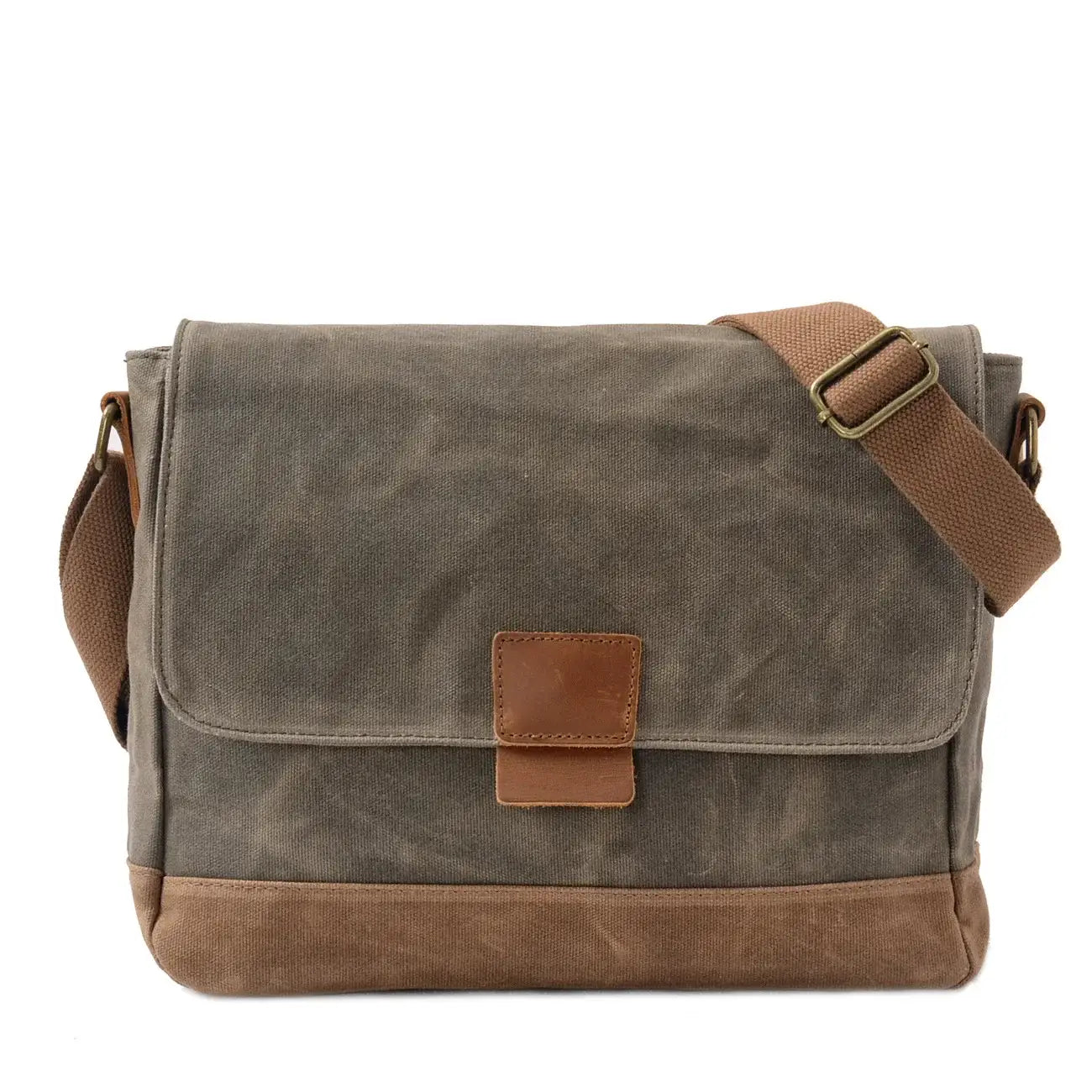 Men’s Waxed Canvas Messenger Bag – Leather-Trim Flap - Army green