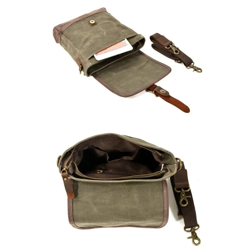 Men’s Waxed Canvas Messenger Bag – Small Vintage Flap Closure