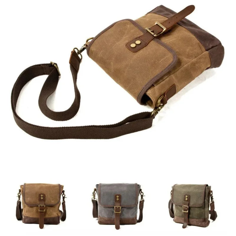 Men’s Waxed Canvas Messenger Bag – Small Vintage Flap Closure