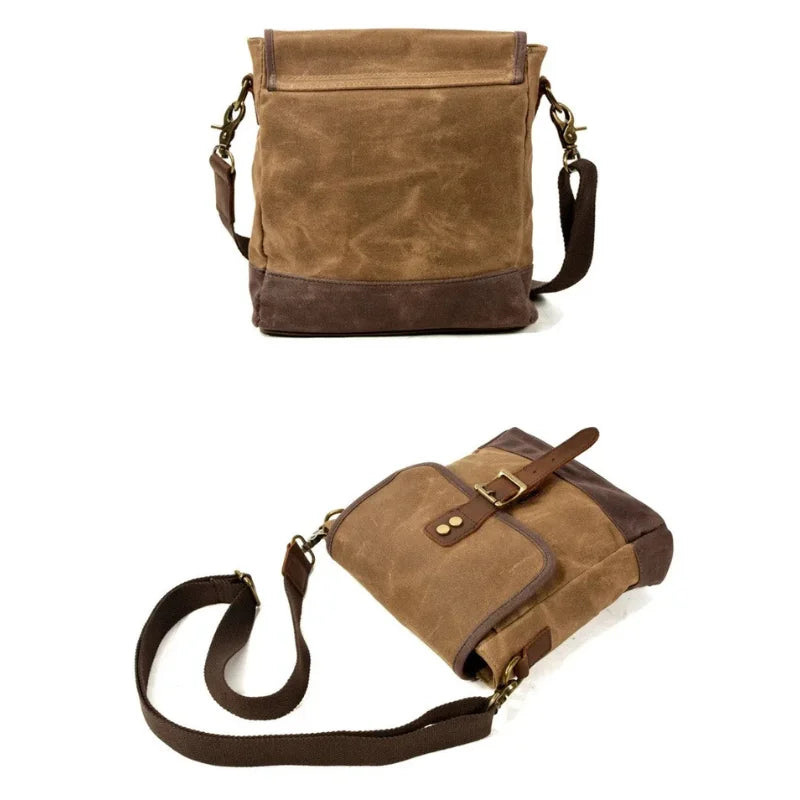 Men’s Waxed Canvas Messenger Bag – Small Vintage Flap Closure