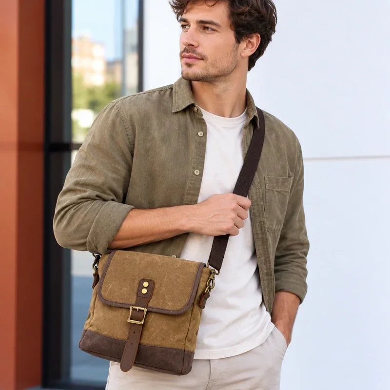 Men’s Waxed Canvas Messenger Bag – Small Vintage Flap Closure