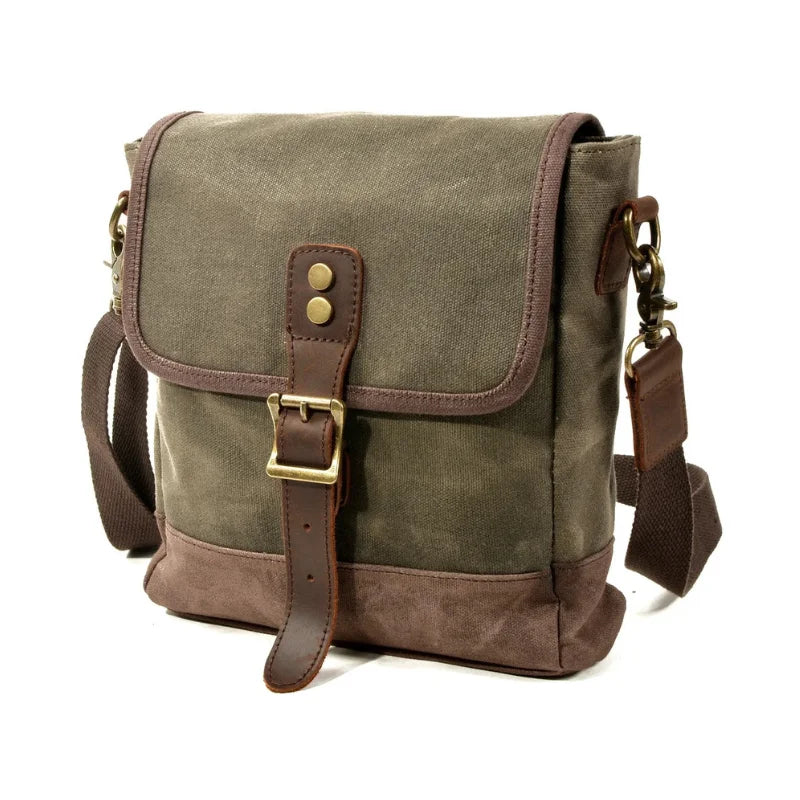Men’s Waxed Canvas Messenger Bag – Small Vintage Flap Closure - Green