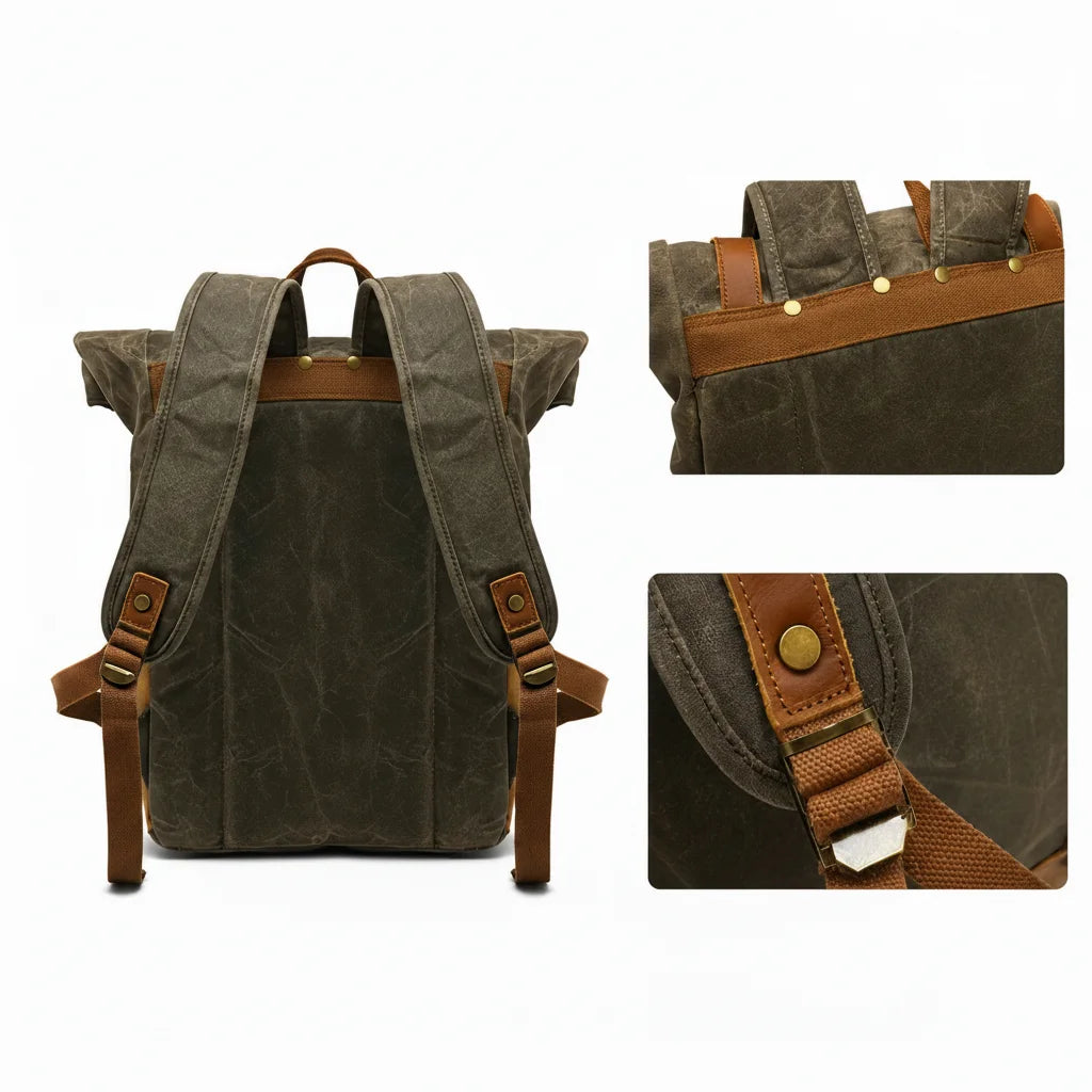 Men’s Waxed Canvas Roll Top Backpack - 3-Pocket Utility Rucksack