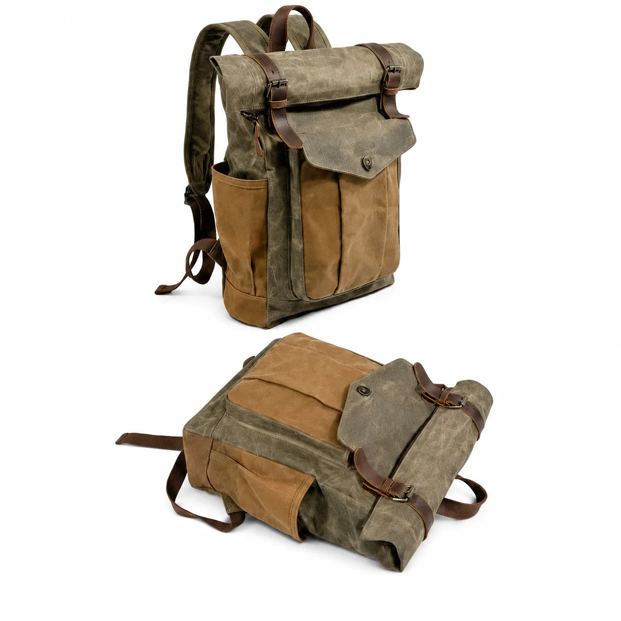 Men’s Waxed Canvas Roll Top Backpack - 3-Pocket Utility Rucksack
