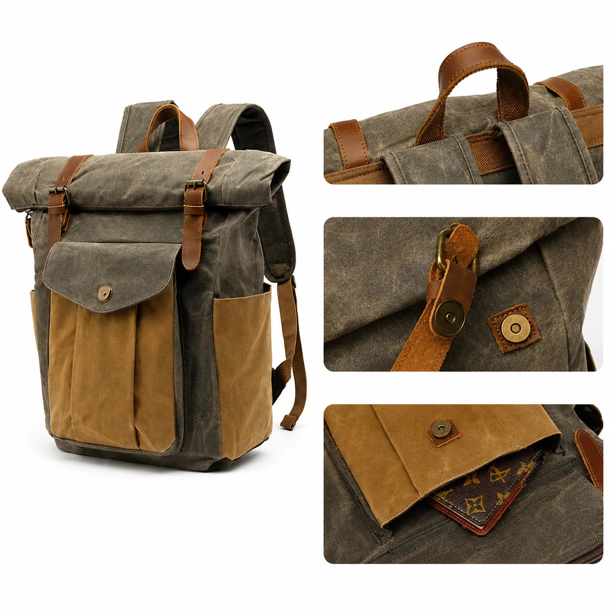 Men’s Waxed Canvas Roll Top Backpack - 3-Pocket Utility Rucksack