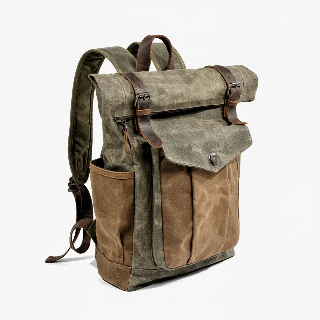 Men’s Waxed Canvas Roll Top Backpack - 3-Pocket Utility Rucksack