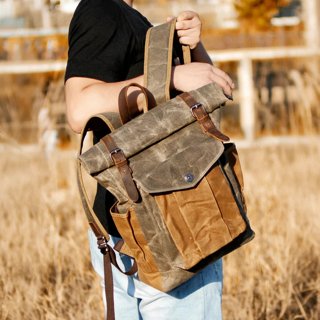 Men’s Waxed Canvas Roll Top Backpack - 3-Pocket Utility Rucksack
