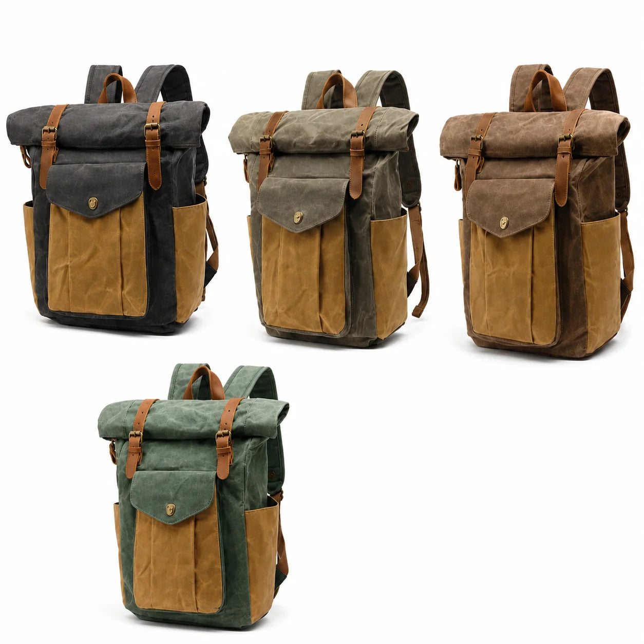 Men’s Waxed Canvas Roll Top Backpack - 3-Pocket Utility Rucksack