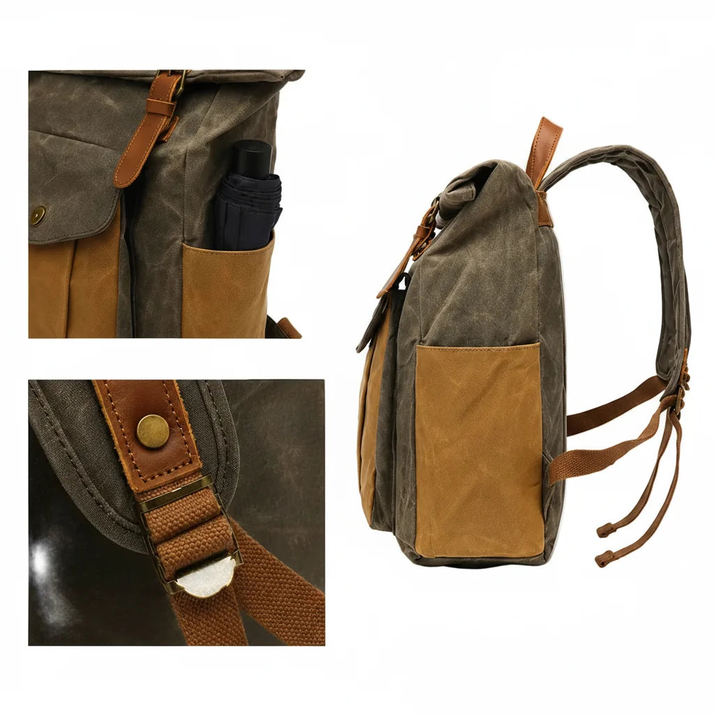 Men’s Waxed Canvas Roll Top Backpack - 3-Pocket Utility Rucksack