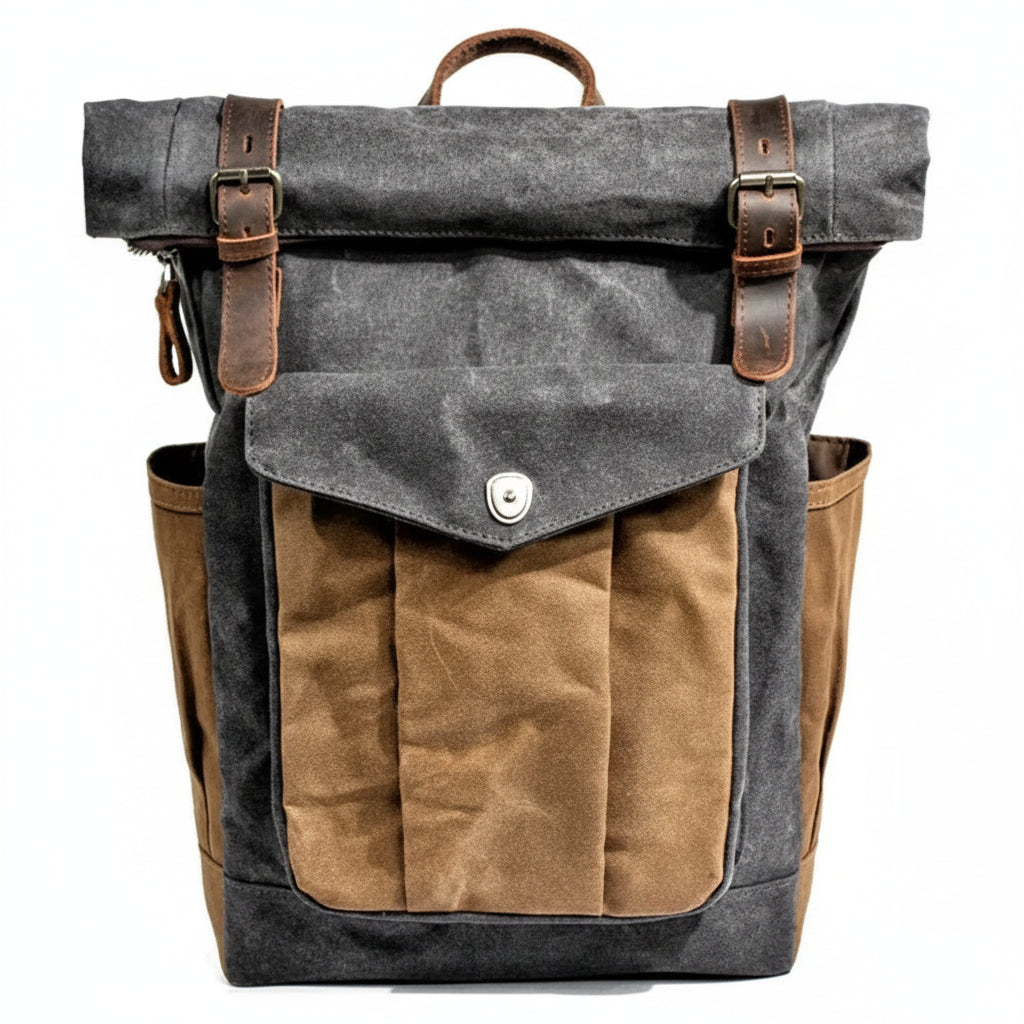 Men’s Waxed Canvas Roll Top Backpack - 3-Pocket Utility Rucksack - Dark gray