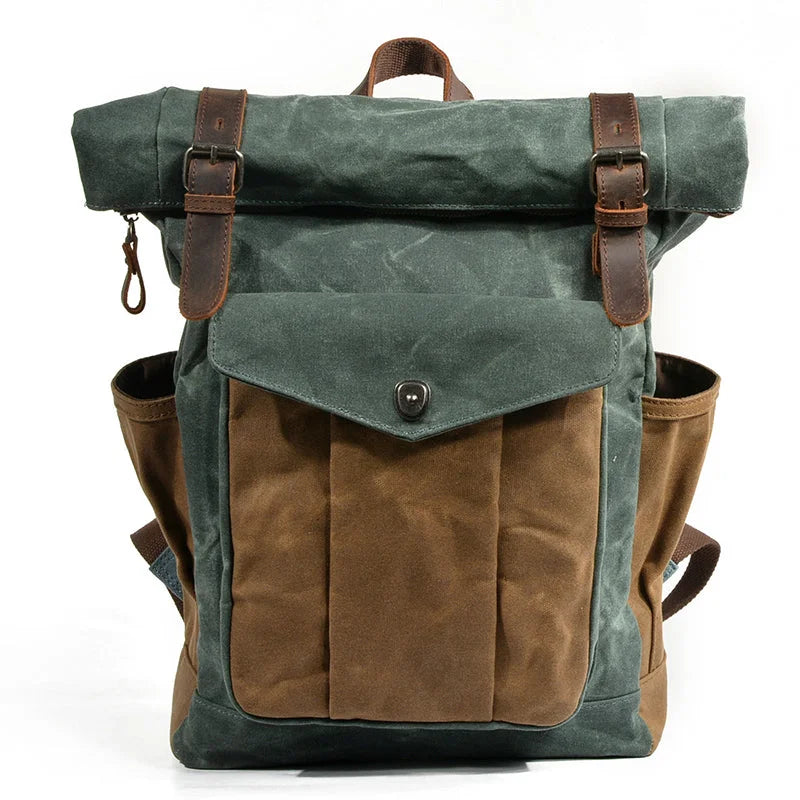 Men’s Waxed Canvas Roll Top Backpack - 3-Pocket Utility Rucksack - Green