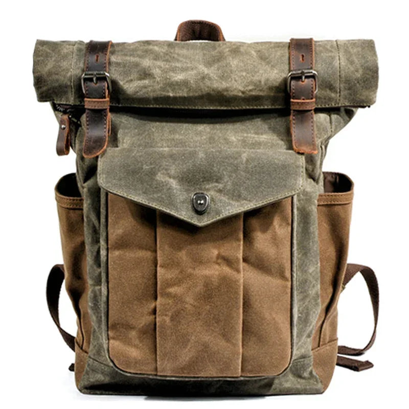 Men’s Waxed Canvas Roll Top Backpack - 3-Pocket Utility Rucksack - Olive