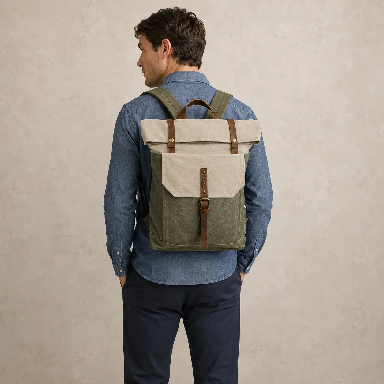 Men’s Waxed Canvas Roll Top Backpack - Crazy Horse Leather Trim