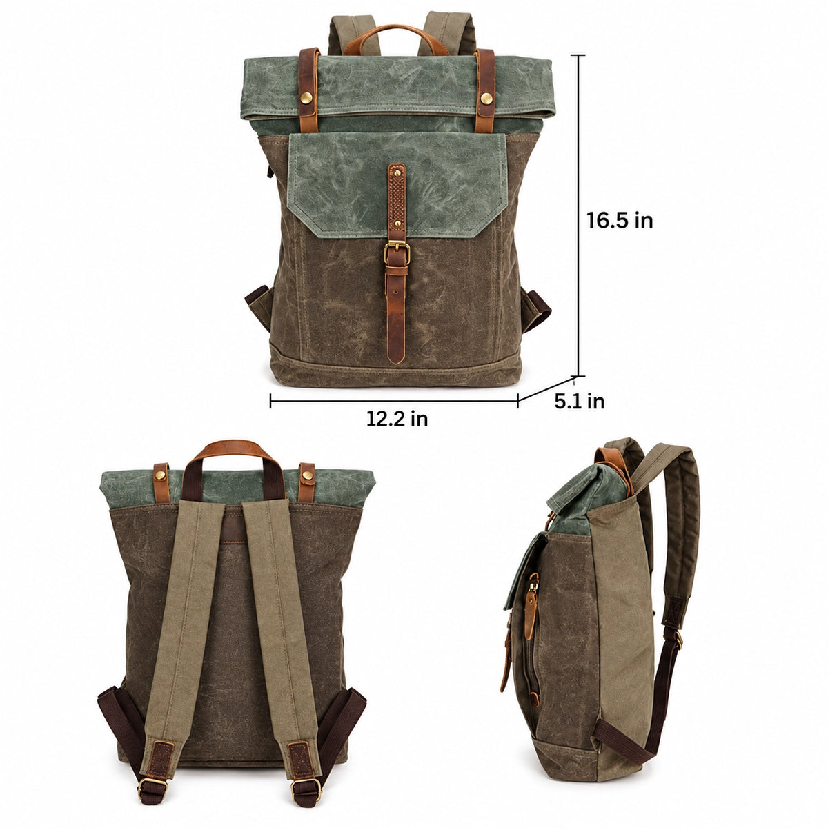 Men’s Waxed Canvas Roll Top Backpack - Crazy Horse Leather Trim