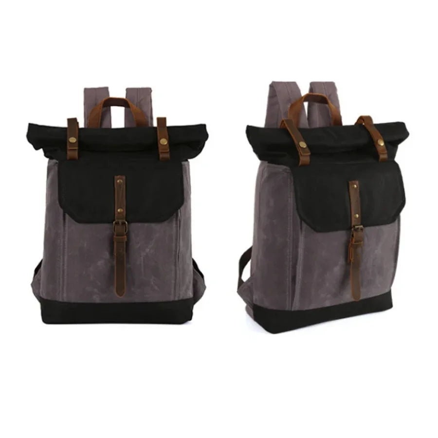 Men’s Waxed Canvas Roll Top Backpack - Crazy Horse Leather Trim