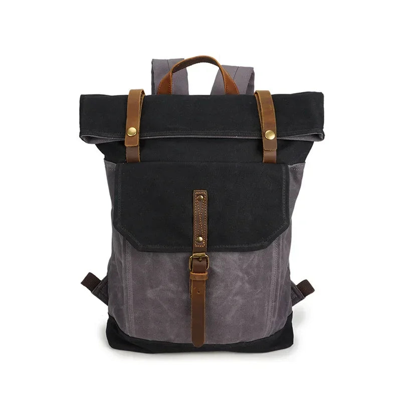 Men’s Waxed Canvas Roll Top Backpack - Crazy Horse Leather Trim - Black