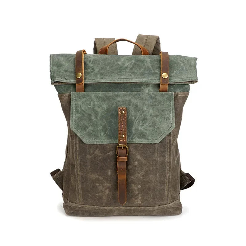 Men’s Waxed Canvas Roll Top Backpack - Crazy Horse Leather Trim - Green