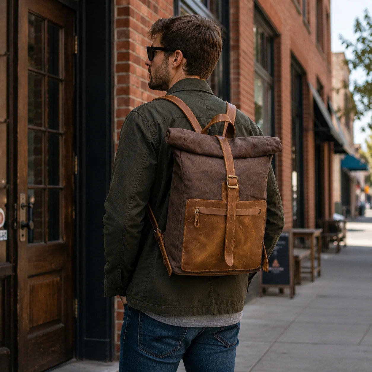 Men’s Waxed Canvas Roll-Top Backpack - Zip Front Pocket Rucksack