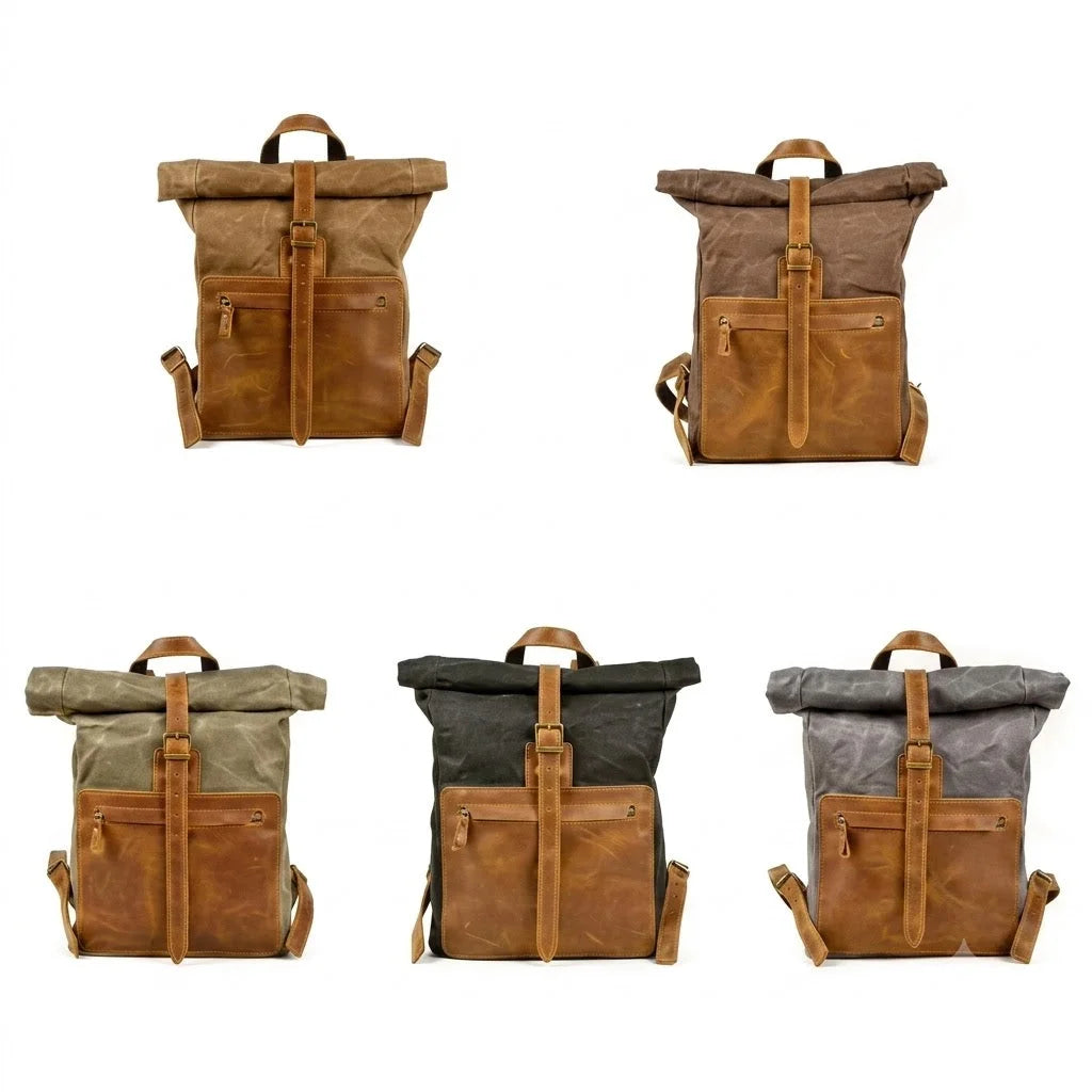 Men’s Waxed Canvas Roll-Top Backpack - Zip Front Pocket Rucksack